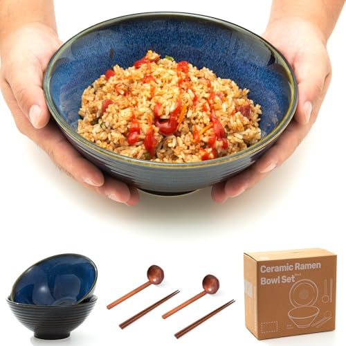 8 Inch Ceramic Ramen Bowl Set of 2, 40oz Japanese Bowls with Spoons & Chopsticks,Durable,Microwave & Dishwasher Safe,Perfect for Ramen,Pho,Salad,Soup,Noodles，Mixing bowls（Blue Topaz） - color: Blue Topaz