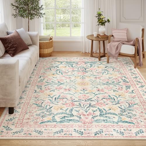 Wonnitar 8x10 Washbale Rugs for Living Room, Boho Pink Room Decor for Girls Bedroom, 8 x 10 Soft Non Slip Low Pile Indoor Floral Carpet for Kids Room Playroom Toddler Nursery - color: Pink, size: 8' x 10' (Rectangular)