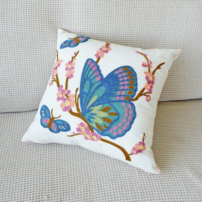 vctops Floral Butterfly Embroidered Pillow Covers 18x18 Inch Spring Summer Cotton Tufted Throw Pillow Cover Outdoor Garden Cushion Case for Sofa, Bed, Living Room (Butterfly,18"x18") - color: Butterfly