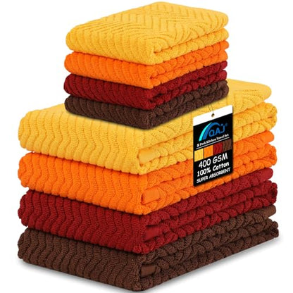 100% Cotton Kitchen Towels and Dishcloths Set, Pack of 8 Super Absorbent 16" x 25" Kitchen Towels and 13" x 13" Dish Cloths (400 GSM) - color: Autumn Set, style: 8-Piece Set