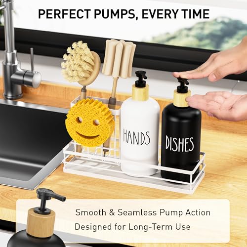 Moforoco Kitchen Dish Soap Dispenser Set, 16OZ Glass Bottle, Hand and Dish Soap Dispenser Set, Instant Dry Tray, Brush Holder with Smiley Face Sponge Holder (White Tray+Black&White Bottle) - color: White Tray+black&white Bottle