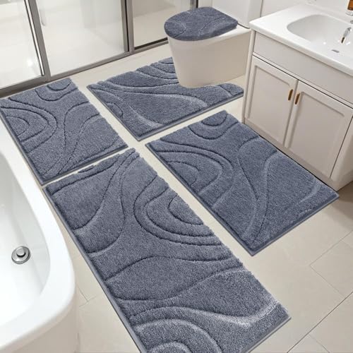 HEBE Bathroom Rugs Sets 5 Piece, Non Slip Washable Absorbent Bath Mat Set | Super Soft Plush Microfiber Bathroom Mats with Runner Set, Solid Bathmat with U-Shaped Toilet Rug Cover Set for Tub, Shower - color: Dark Grey, size: 18"x26"+20"x32"+20"x48"+U20"x