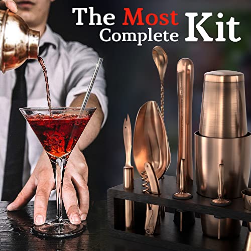 Highball & Chaser Bartender Kit with Black Bamboo Stand Beautiful Cocktail Shaker Set and Bar Tools Stainless Steel Boston Shaker Bartender Kit with Stand (Antique Copper) - color: Antique Copper