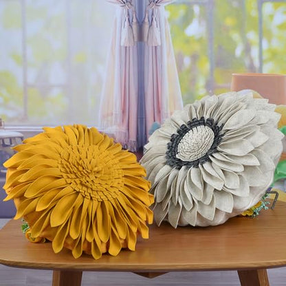 JWH Handmade 3D Sunflower Throw Pillow Cover, Golden Yellow, 14 Inch | Decorative Round Cushion, Floral Accent, Bed Living Room Couch Pops