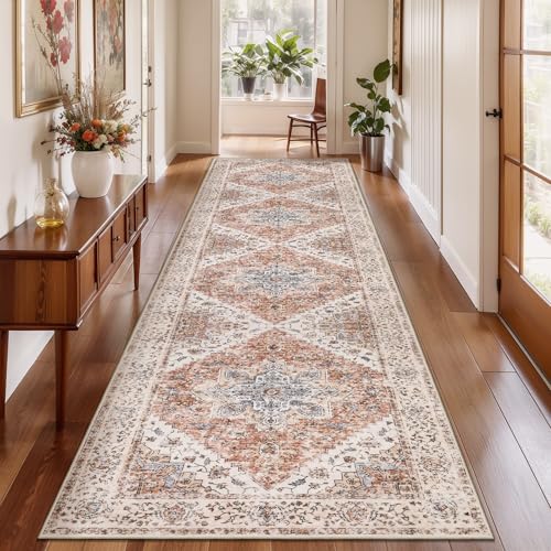Ciicool Long 3x10ft Non-Slip Back Washable Runner Rugs for Hallways Bedside | Boho Thin Low Pile Soft Vintage Indoor Floor Oriental Throw Carpet for Entrance Bathroom Kitchen Living Room Bedroom Decor - color: Vintage Cream/Brick, size: 3' x 10' (Runner)
