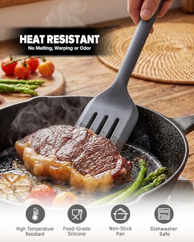 Silicone Kitchen Utensils Set, Heat Resistant Cooking Utensil with Spoon, Scraper, Spatula, Basting Brush & Tongs, BPA-free Non-stick Cookware for Frying, Basting, Serving, Grilling (6 Pack) (GREY) - color: Gray