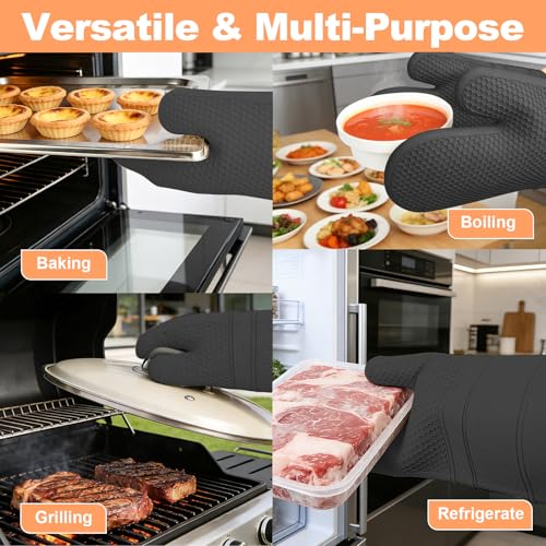 YUTAT Silicone Oven Mitts,Heat Resistant 500F Kitchen Mitts 2PCS,Perfect for BBQ, Baking and Cooking,Black - color: Black-honeycomb Surface, size: 13“L x 7"W-2 Piece
