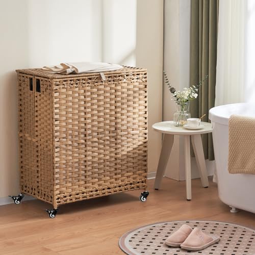 Laundry Hamper with Wheels&Lid, 50.2 Gallons(190L) Rolling Laundry Basket with Wheels, 3-Section Laundry Hamper, Handwoven Rattan Clothes Hamper with 6 Removable Liner& 3 Mesh Laundry Bags, Natural - color: Natural