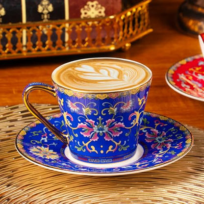 KAMMAK Tea Cup and Saucer, Ceramic Coffee Cups, 8 oz, Set of 2 | Porcelain Tea Cups with Saucers for Coffee and Cappuccino, Ideal for Breakfast, Afternoon Tea and Entertaining,629N+630N - style: 629N+630N