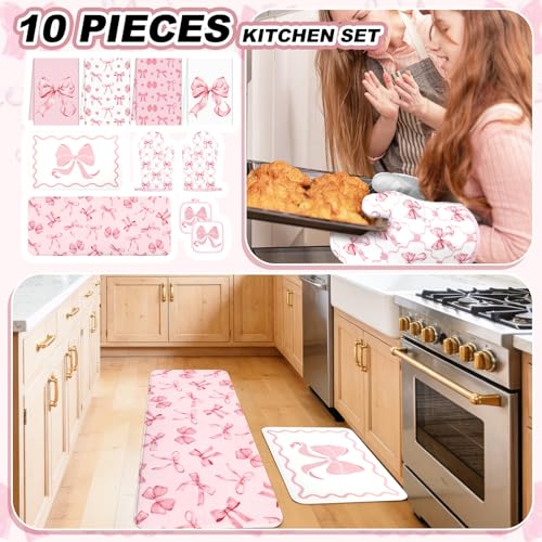 JarThenaAMCS 10Pcs Pink Bow Kitchen Dish Towels Rugs Oven Mitts and Pot Holders Set Farmhouse Kitchen Decor Set for Women Mom Daughter Gift Cooking Baking Home Housewarming Party Favors Supplies