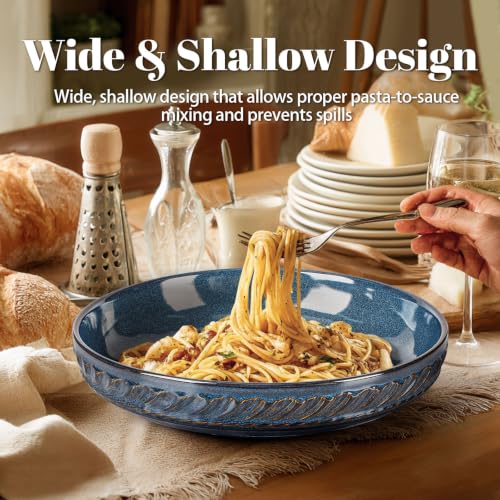 Pasta Bowls, 50oz Large Salad Serving Bowls, 9.75'' Plates Bowls Set of 4, Big Ceramic Soup Bowls for Kitchen, Embossment Shallow Dinner Bowl, Microwave Dishwasher Safe, Willow Leaf, Blue - color: Blue (Willow Leaf)