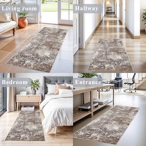 2x5 Washable Kitchen Rug Runner – Non-Slip Abstract Modern Neutral Small Rug for Bathroom, Hallway, Bedroom, Laundry Room, Entryway – Soft Low-Pile Thin with Rubber Backing (Brown Beige, 2x5) - color: Brown Beige, size: 2' x 5' (Rectangular)
