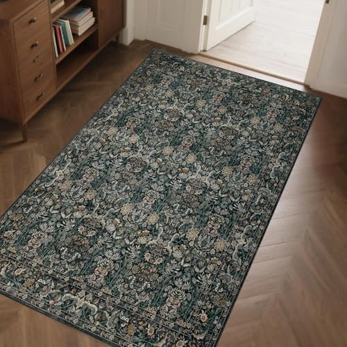 Vintage Botanical Area Rug 3x5: Floral Carpet Non-Slip - Dark Green | Classic Dark Tone Pattern Fits Compact Living Spaces - Washable, Stain Resistant, Low Pile for Entryway Pet Friendly - color: Dark Green, size: 3' x 5' (Rectangular)
