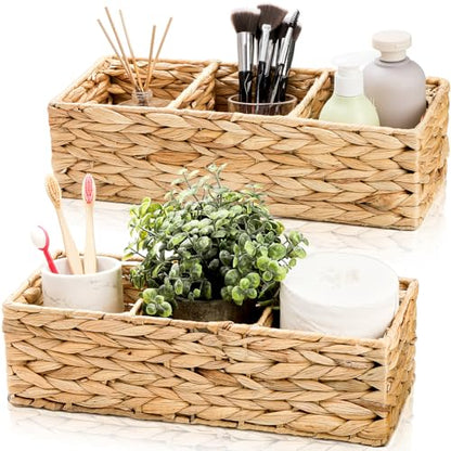 Pumtus 2 Pack 3-Section Woven Baskets, Water Hyacinth Storage Bin, Handwoven Desk Organizer, Toilet Paper Container, Rectangle Holder for Counter Top Toilet Tank Shelves Coffee Bar Pantry