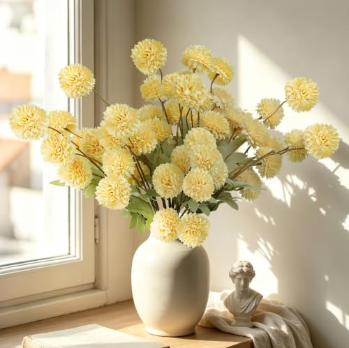 INQCMY Artificial Silk Mums 20" Faux Stem Kiku Flowers for Vase Home Decor | 12 Pcs Fake Chrysanthemums Yellow Fall Flower, Realistic Pompon Balls for Indoor Living Room Thanksgiving Table Centerpieces - color: Yellow