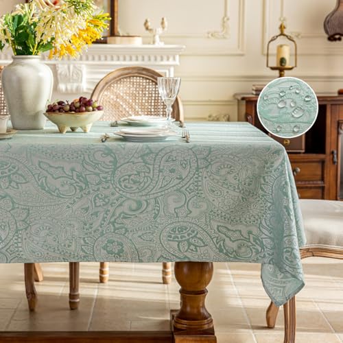Jacquard Rectangle Tablecloth, Sage Green, 57 x 70 Inch | Waterproof, Elegant Damask Curly Floral Pattern, Washable, Decorative Table Cover for Kitchen/Dining/Parties - color: Sage Green