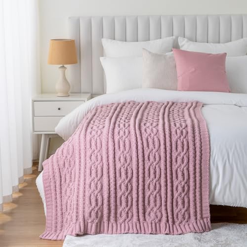 Battilo Pink Throw Blanket for Couch, Cable Knit Blanket, Soft Chenille Throw Blanket, Cozy Warm Blankets for Girls Daughter Women Gifts for Mom, 51"x67", Blush - color: Blush
