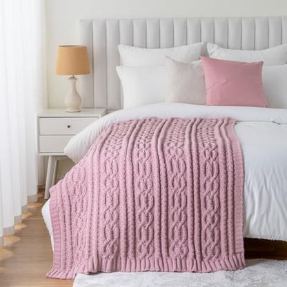 Battilo Pink Throw Blanket for Couch, Cable Knit Blanket, Soft Chenille Throw Blanket, Cozy Warm Blankets for Girls Daughter Women Gifts for Mom, 51"x67", Blush - color: Blush