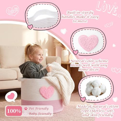 LemonRoad Pink Heart Extra Large Cotton Rope Basket 20"x14", Embroidered Woven Baby Laundry Blanket Basket Box with Handle Storage, Blanket Storage for Living Nursery Pillows Laundry Baby Toy Chest - style: Heart