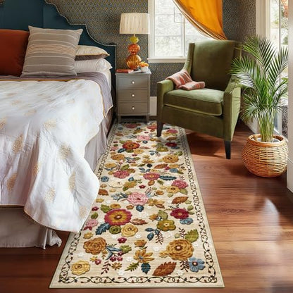 Washable 2.6x8 Runner Rug, Beige Boho Floral Non-Slip for Hallway, Kitchen | Soft Low-Pile Faux Wool Area Rug for Bedroom, Nursery, Bathroom, Laundry, Kid & Pet Friendly, Stain, Fade & Wear Resistant - color: Beige, Cream, Mustard, Brick Red and Blue, siz