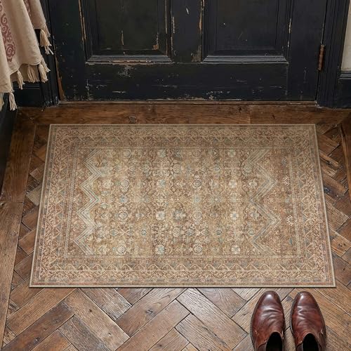 2x3 Entryway Area Rugs Red Brown Washable Rug | Vintage Rug,Hallway,Kitchen,Bedroom,Laundry,Non Slip,Low Pile,Soft,Distressed - color: Red Brown, size: 2' x 3' (Rectangular)