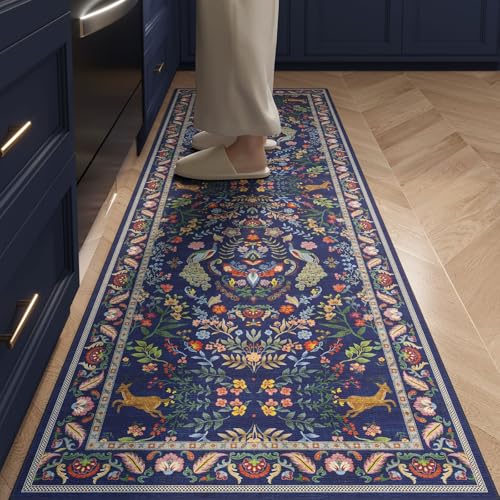 Rugcomf 2x5 Runner Rug - Floral Machine Washable Kitchen Rug, Non-Slip Low Pile Boho Carpet for Hallways, Laundry, Entryway, Bedroom, Bathroom - Blue - color: Blue, size: 2' x 5' (Rectangular)