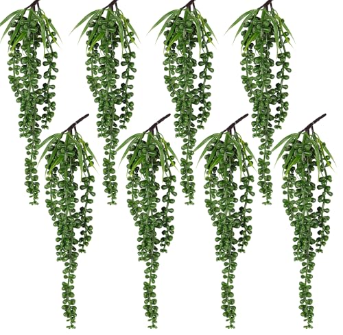RECUTMS 8Pcs 13.7in Artificial Short Hanging Succulents Plants with Leaves | String of Pearls,Draping Greenery,Plastic Outdoor Trailing Vine,Diy Pots Filler Decorations,Durable and Realistic,Real Touch - color: 8p Short Hanging Succulents