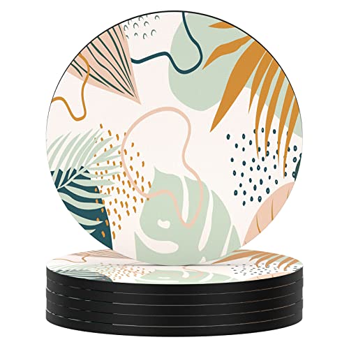 Coasters for Drinks, Set of 6 Absorbent Rubber Drink Coasters for Cup | Set of 6 Cute Absorbent Rubber Drink Coasters for Cup with Non Slip Backing, Kitchen Home Decor Housewarming Gift, Round 4 in - color: Boho Leaf