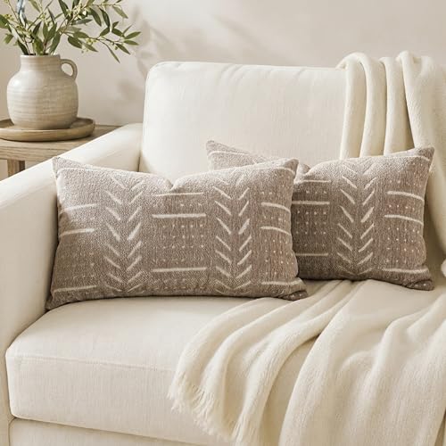 Decorative Lumbar Pillow Covers 12x20 Set of 2, Taupe Soft Woven Chenille Accent Pillow Covers for Couch Sofa Bed, Textured Farmhouse Cushion Covers - color: Taupe, size: 20" x 12" (Pack of 2)