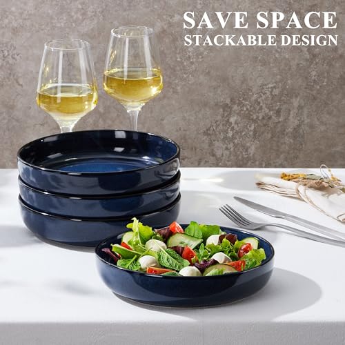 E-far Blue Pasta Bowls Set of 4, 35oz Double Reactive Glaze Stoneware | Wide & Shallow Ceramic Pasta Plates for Serving Salad Soup Dinner, Dishwasher & Microwave Safe - color: Deep Sea Blue