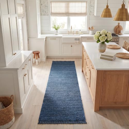 SAFAVIEH Natural Fiber Collection Runner Rug - 2'6" x 8', Navy, Handmade Boho Fringe Woven Jute, Ideal for High Traffic Areas in Living Room, Bedroom (NF368N) - color: Navy, size: 2'6" x 8' (Runner)