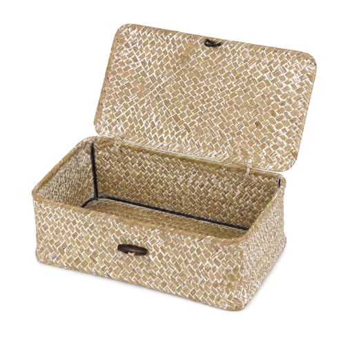 Seagrass Wicker Storage Basket with Lid, Small, Whitewash | 9.05 x 5.11 x 3.34 Inch Box, Shelf Organizer, Rectangular Woven Bin, Small Item Storage, Decorative Finish - color: Whitewash, size: 9.05" x 5.11" x 3.34"