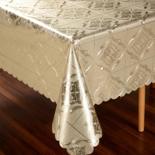 Rectangle Gold Tablecloth Heavy Duty Vinyl Tablecloths Waterproof Oil-Proof PVC Table Cloth Durable Wipeable Plastic Table Cover for Dining Camping Indoor and Outdoor (Gold Royal Moti,54" X 78") - color: Gold Royal Motif