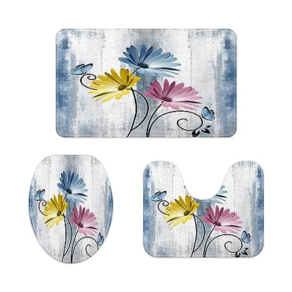 Rustic Farmhouse Bath Mat Set, Daisy Floral Flowers and Butterfly on Country Wooden Bathroom Mat Set with Non-Slip Bath Rug, Soft Toilet Lid Cover and Contour Mat, Turquoise Blue - color: Blue-2