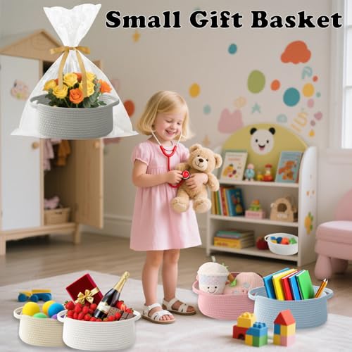 2 Pack White Small Woven Rope Basket with Handles | Empty Gifts Basket with Bag and Ribbons, Cute Handle Organizer Box, Birthday/Baby Shower, Toy Storage - color: 2PC-Grey