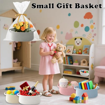 2 Pack White Small Woven Rope Basket with Handles | Empty Gifts Basket with Bag and Ribbons, Cute Handle Organizer Box, Birthday/Baby Shower, Toy Storage - color: 2PC-Grey