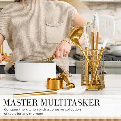 Styled Settings White and Gold Kitchen Utensils Set with Holder, 15-Piece | Nonstick BPA-Free Silicone Cooking Utensils with Measuring Cups and Spoons - Luxury Kitchen Accessories for Stylish Cooking - color: 15 Piece White & Gold