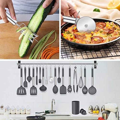 LIANYU 43 Pcs Kitchen Cooking Utensils Set, Silicone Cooking Utensils Spatula Set with Holder, Heat Resistant Kitchen Gadgets Tools for Nonstick Cookware Set, Stainless Steel Handle, Grey - color: Gray