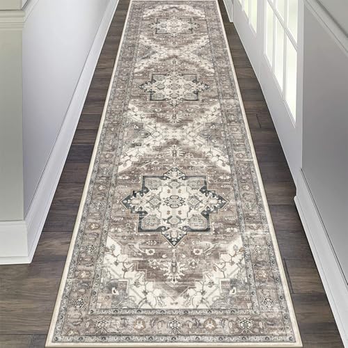Pauwer Vintage Floral 2x8 Runner Rug, Non Slip Hallway Runner, Grey Brown | Machine Washable, Faux Wool, Low-Pile, Non-Shedding, Soft Distressed Floor Carpet For Entryway, Laundry, Bedroom, Kitchen - color: Grey Brown, size: 2' x 8' (Runner)