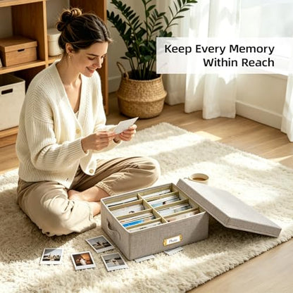 Collapsible Photo Storage Box, Adjustable Dividers - Beige, 35cm | Holds 1700 Photos, Hook & Loop Dividers, Handle, Label Stickers - color: Beige, size: 13.78"x11"x 5.12"