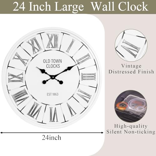 EMAX HOME Farmhouse 24 Inch Wooden Large Wall Clock, Silent Non-Ticking Quartz Movement, Battery Operated Modern Rustic Clock for Living Room, Kitchen, Office, Home Decor