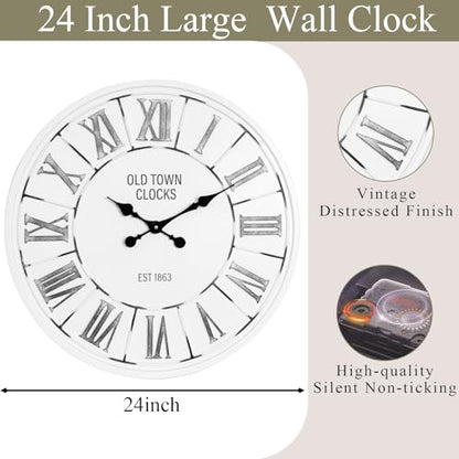 EMAX HOME Farmhouse 24 Inch Wooden Large Wall Clock, Silent Non-Ticking Quartz Movement, Battery Operated Modern Rustic Clock for Living Room, Kitchen, Office, Home Decor