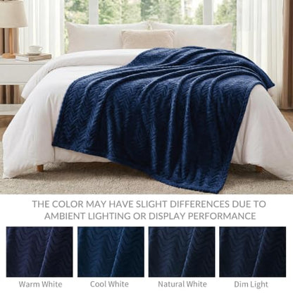 Exclusivo Mezcla Soft Fleece Blanket King Size, Cozy Lightweight Blankets with Decorative Wave Textured Suitable for All Season Use, Navy Blue, 90x104 Inches | 90"x104" Breathable Lightweight Flannel Blanket for Summer, Plush Cozy Jacquard Wave for Home D