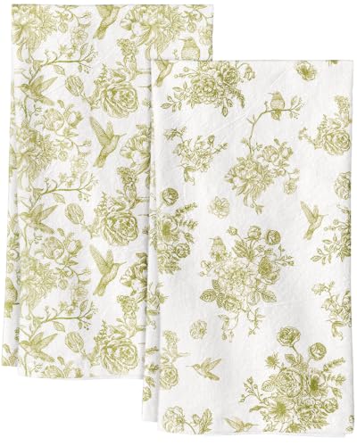 Flour Sack Kitchen Towels Set of 2, 18x26 Inch, Green Bird | 150GSM Cotton, Lint-Free, Quick Dry, Hanging Loop, Lightweight Tea Towels, French Home Decor, Chinoiserie, Housewarming Gift - color: Green Floral Bird