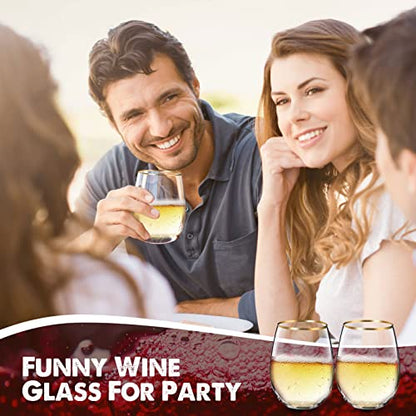Mimorou Stemless Wine Glasses & Gold Rim, Set of 6, 17 oz Red Wine Glasses | Gold Rimmed, Elegant Style, Stable Base Prevents Tipping, for Wedding Party Events or Daily, as a Housewarming Gift