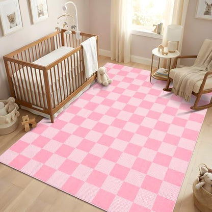 GarveeHome Checkered Pink 3x5 Washable Girls Rug Low-Pile Nursery Bedroom | Pink and White Small Area Rug for Bathroom Entryway Non-Slip Soft Stain Resistant Geometric Rugs TPE Backing - color: Blush Pink, size: 3' x 5' (Rectangular)