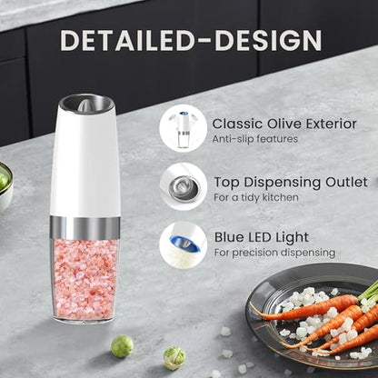 Battery Operated Salt And Pepper Grinder Set 2 Pack (White) | Gravity-Activated Automatic Grinder With Led Light & Adjustable Coarseness, Each Uses 6 Aaa Batteries,Kitchen Daily Seasoning - color: Battery/2pcs/White