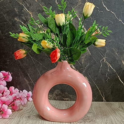 India Meets India Ceramic Vase [Pink], Ceramic Donut Circle Vase, Decorative Hollow & Pampas Dried Flowers Vase for Home Decoration/Living Room/Bedroom/Office/Table/Bookshelf, 8"