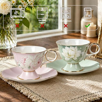 KAMMAK Tea Cups Set of 2,Ceramic Floral Pattern Demitasse Cup | Porcelain Espresso Cup with Saucer, 8.12 oz Handmade Elegant Bone China Tea Cups for Latte, Americano, Cappuccino - color: Sweet Dream & Lotus Melody