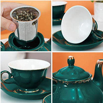 CHENP.HMC Tea Set 22-Piece Porcelain Ceramic Coffee Tea Sets Cups Saucer Service for 6 Teapot Sugar Bowl Creamer Pitcher and Teaspoons Porcelain Tea Set (Dark Green) - color: Dark Green